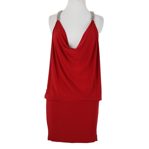 Cache Sz XS Red Silver Beads Racer Back Draped Polyester Spandex Dress - Picture 1 of 14